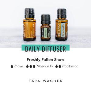 Diffuser recipe called Freshly Fallen Snow depicting the recipe: 1 drop clove, 3 drops Siberian fir, and 2 drops cardamom essential oils