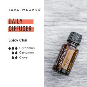 Diffuser recipe called Spicy Chai depicting the recipe: 3 drops cardamom and 2 drops each of cinnamon and clove essential oils