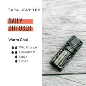 Diffuser recipe called Warm Chai depicting the recipe: 2 drops wild orange, 2 drops cardamom, 1 drop clove, and 1 drop cassia essential oils